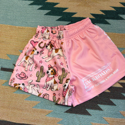 Backroads Kids Footy Shorts - Jack Russells Western Pink