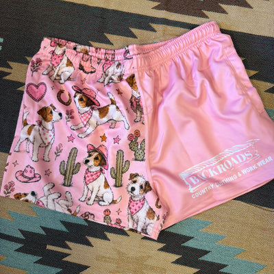 Backroads Footy Shorts Western Jack Russell's - Pink