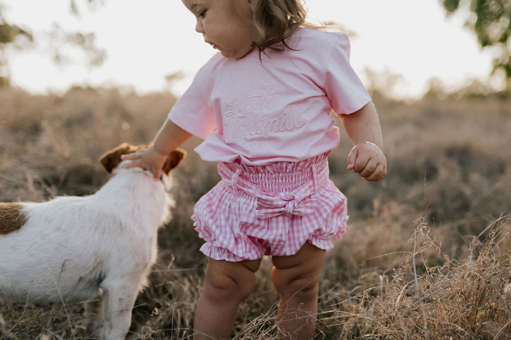 Little Windmill Clothing Co. "Rhiannon" Pink Gingham Baby Bloomers with Tie