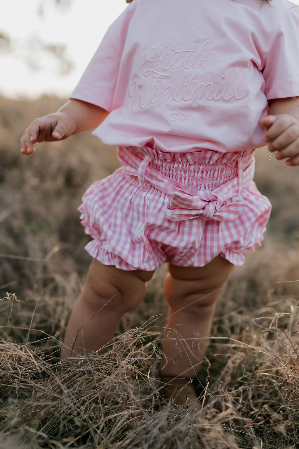 Little Windmill Clothing Co. "Rhiannon" Pink Gingham Baby Bloomers with Tie