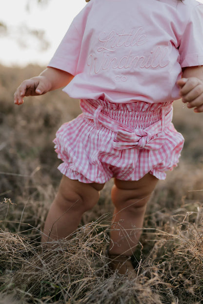 Little Windmill Clothing Co. "Rhiannon" Pink Gingham Baby Bloomers with Tie