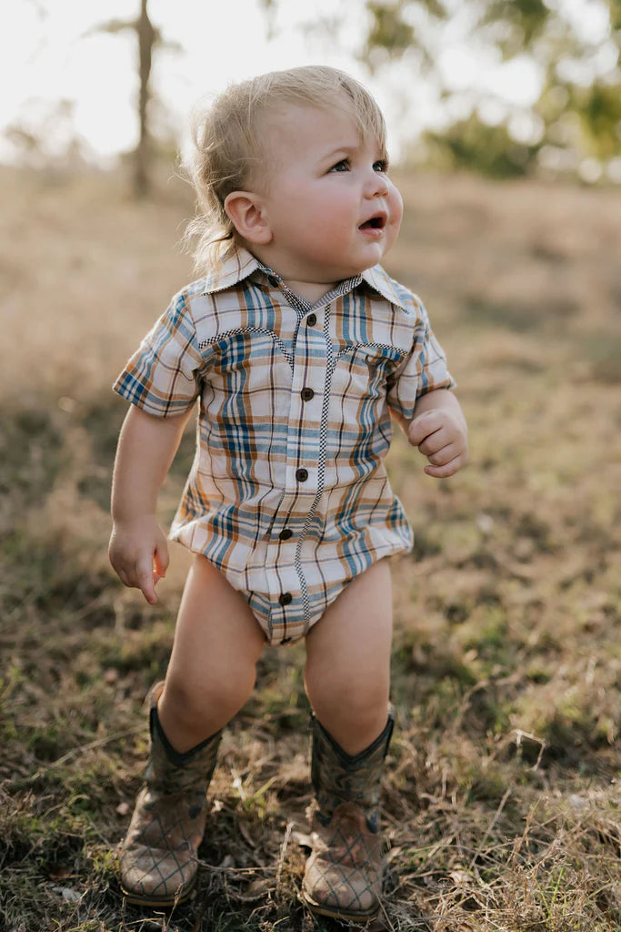 Little Windmill Clothing Co. '"Dallas" Checked Tan Short Sleeve Romper