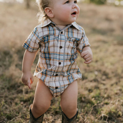 Little Windmill Clothing Co. '"Dallas" Checked Tan Short Sleeve Romper