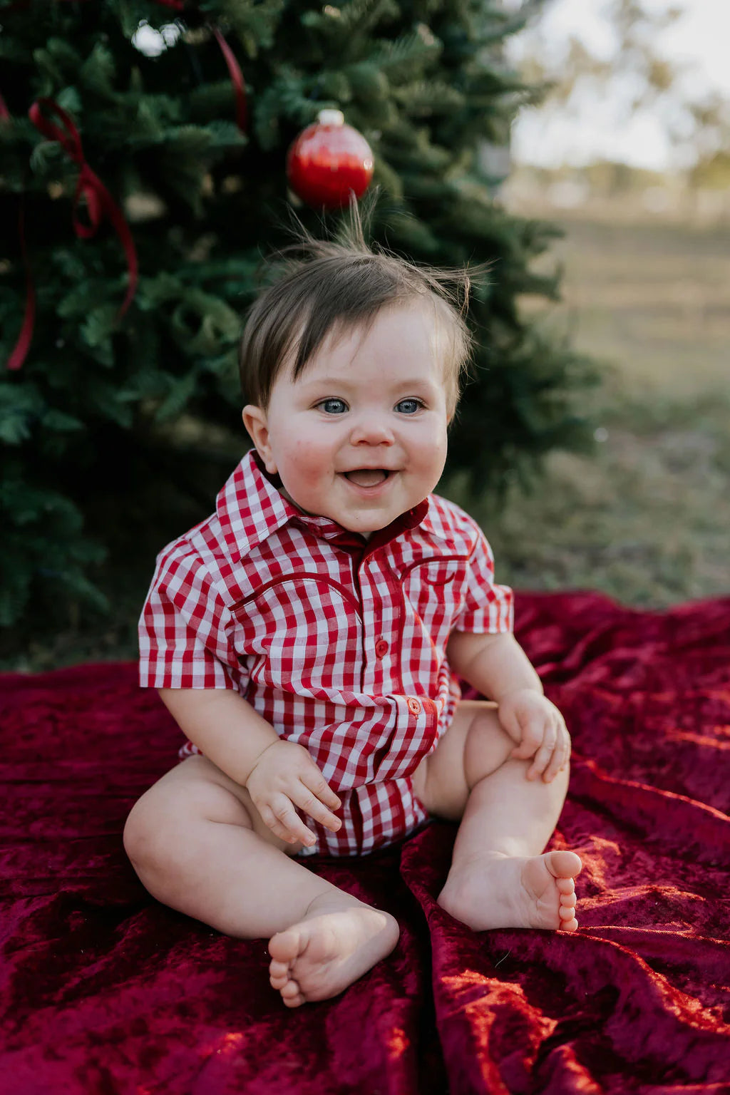 Little Windmill Clothing Co. "Barnley" Deep Red Checked Short Sleeve Romper