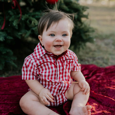 Little Windmill Clothing Co. "Barnley" Deep Red Checked Short Sleeve Romper
