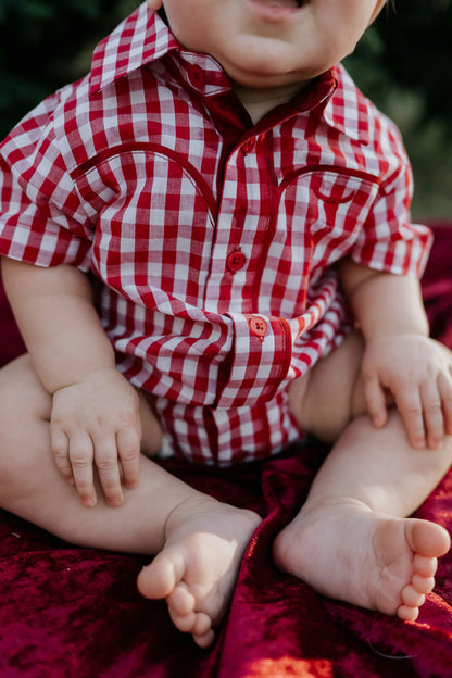 Little Windmill Clothing Co. "Barnley" Deep Red Checked Short Sleeve Romper