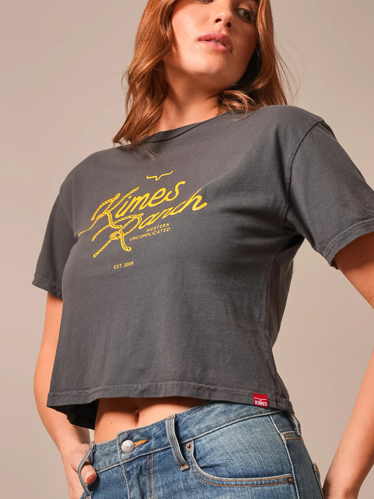 Kimes Ranch Women's Lasso Script Cropped Tee - Graphite