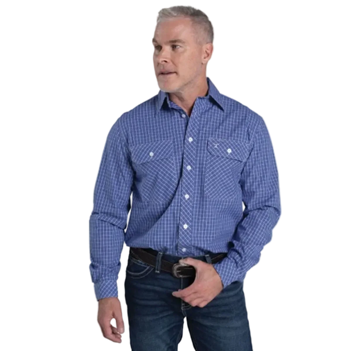 Just Country Men's Austin Full Button Workshirt - Ultramarine Blue & White Mini Check