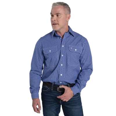 Just Country Men's Austin Full Button Workshirt - Ultramarine Blue & White Mini Check