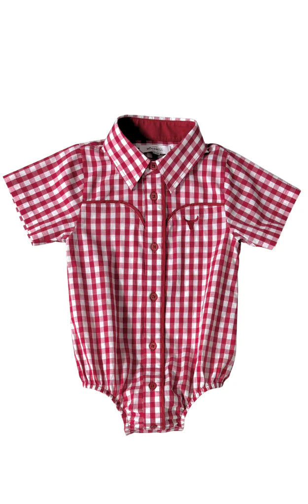 Little Windmill Clothing Co. "Barnley" Deep Red Checked Short Sleeve Romper