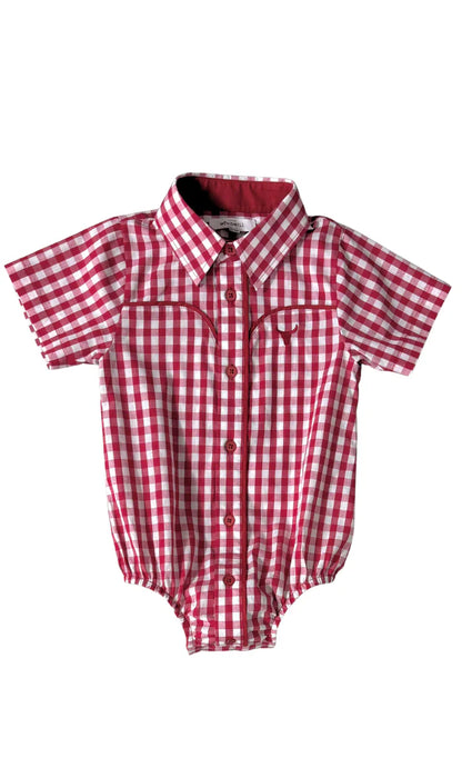 Little Windmill Clothing Co. "Barnley" Deep Red Checked Short Sleeve Romper