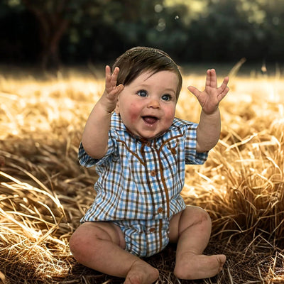 Little Windmill Clothing Co. "Denver" Baby Blue Gingham Short Sleeve Romper