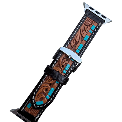 The Design Edge Tooling Leather Apple Watch Strap with Turq