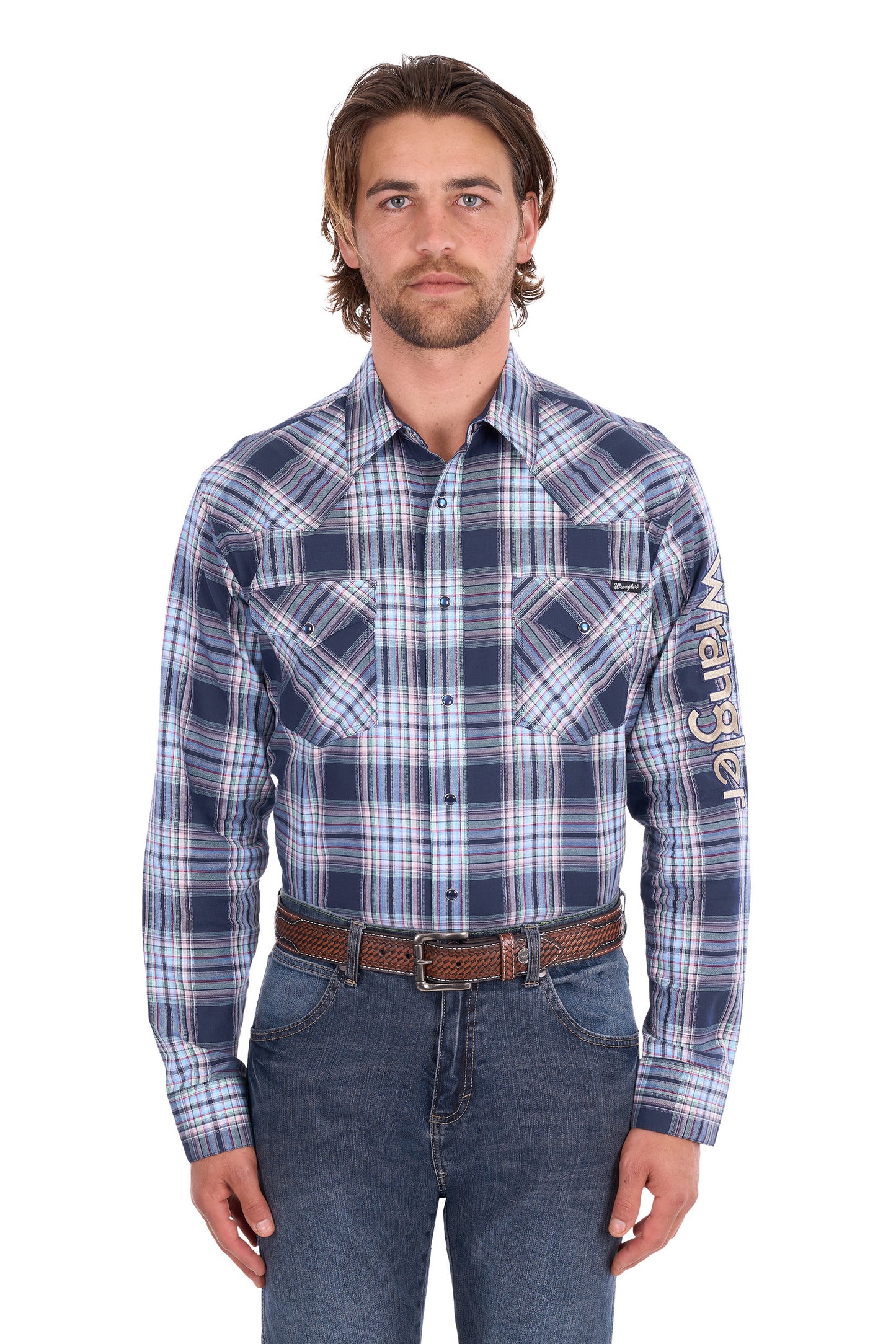 Wrangler Men’s Mario Check Logo Western Long Sleeve Shirt