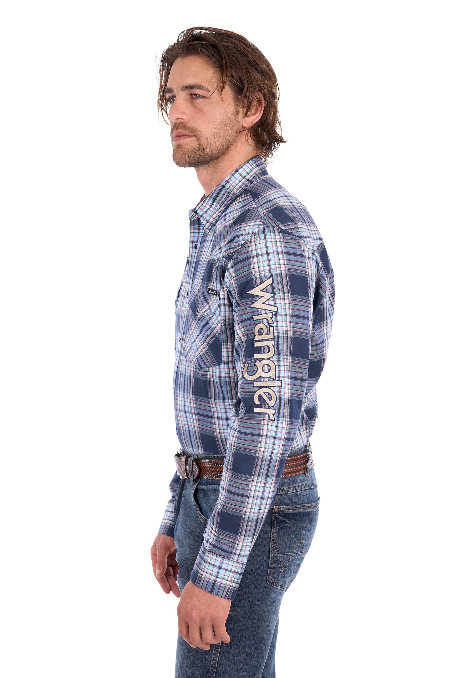 Wrangler Men’s Mario Check Logo Western Long Sleeve Shirt