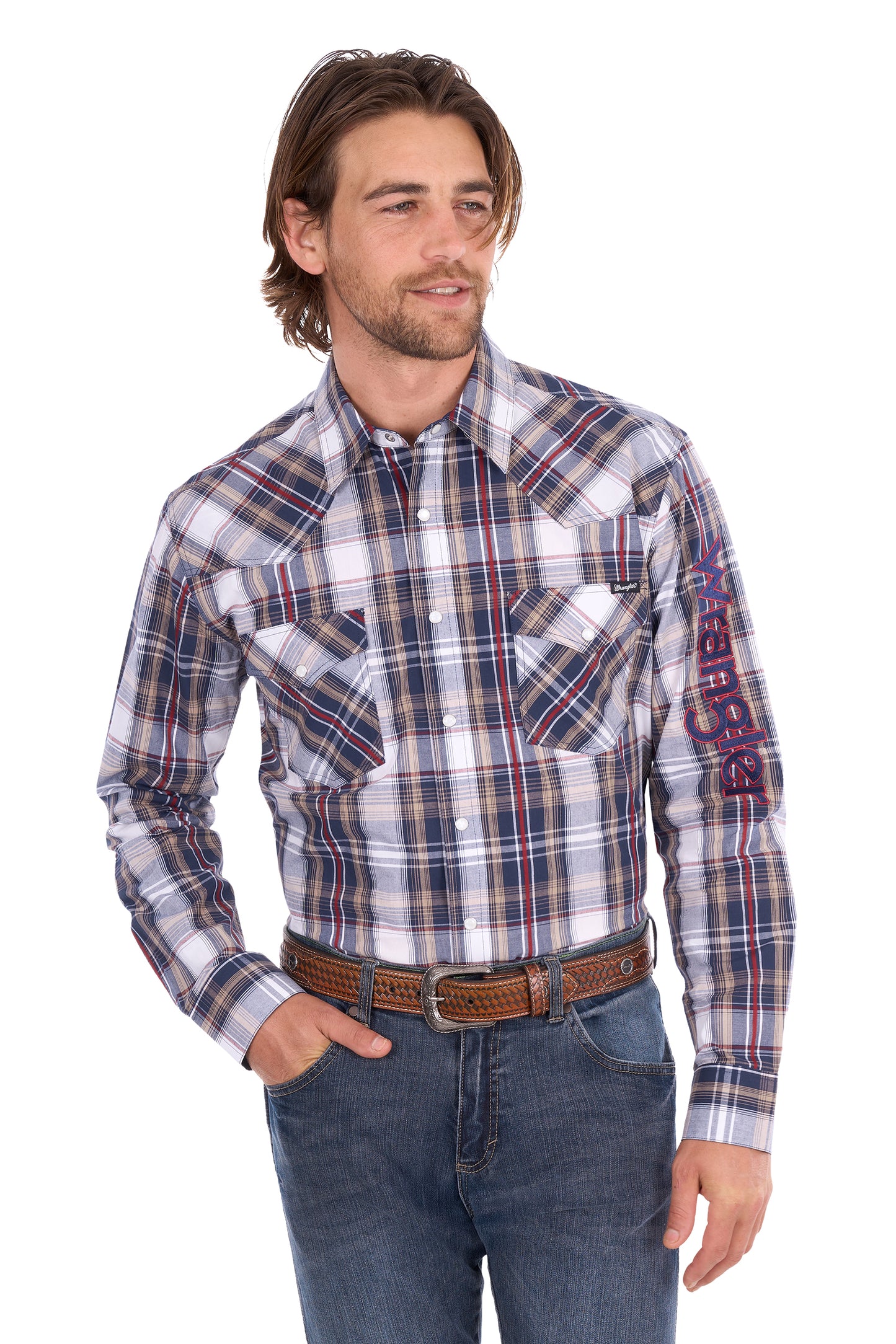 Wrangler Men’s Shaun Check Logo Western Long Sleeve Shirt