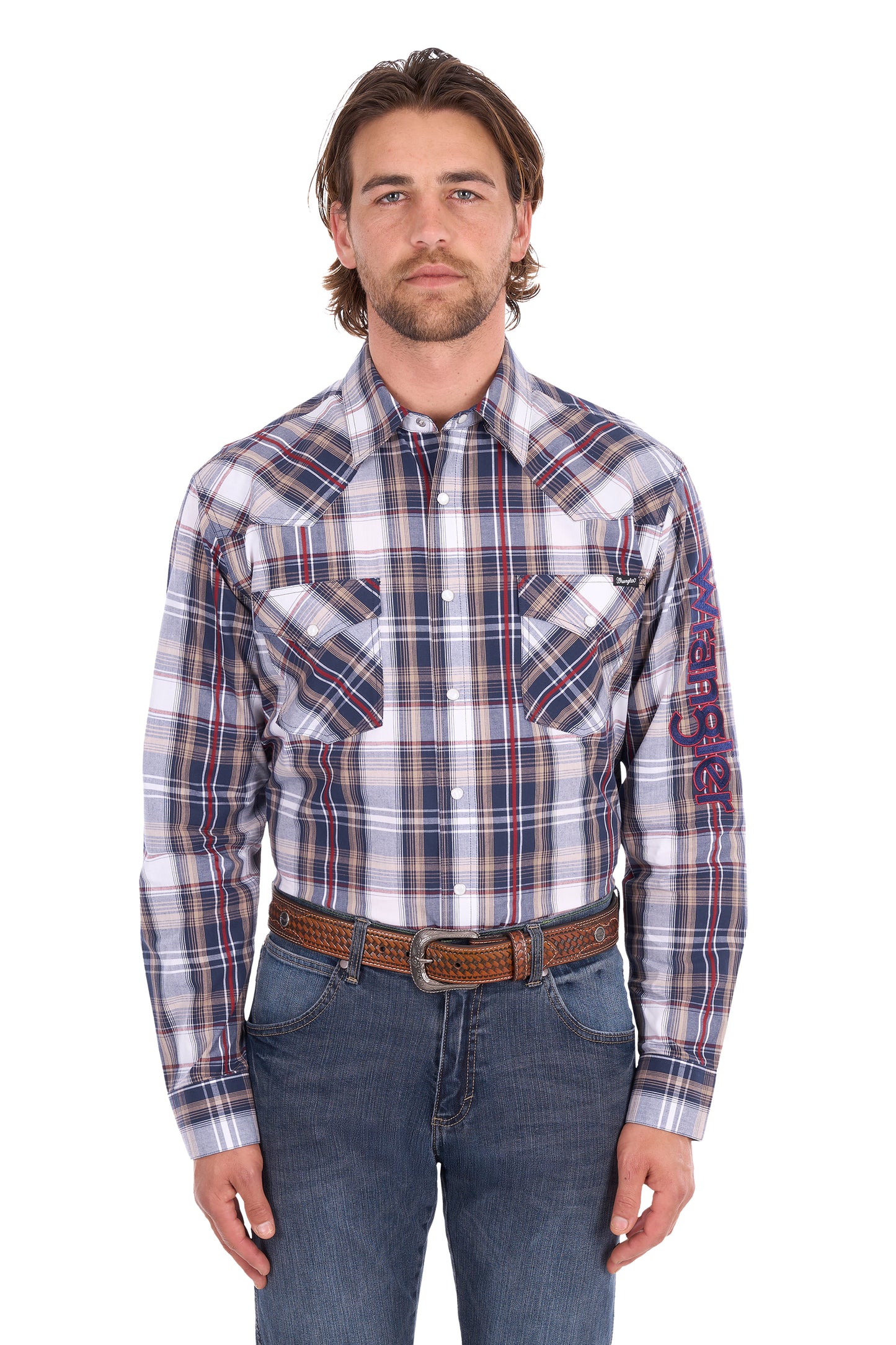 Wrangler Men’s Shaun Check Logo Western Long Sleeve Shirt