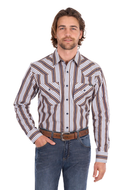 Wrangler Men’s Eli Stripe Logo Western Button Down Long Sleeve Shirt