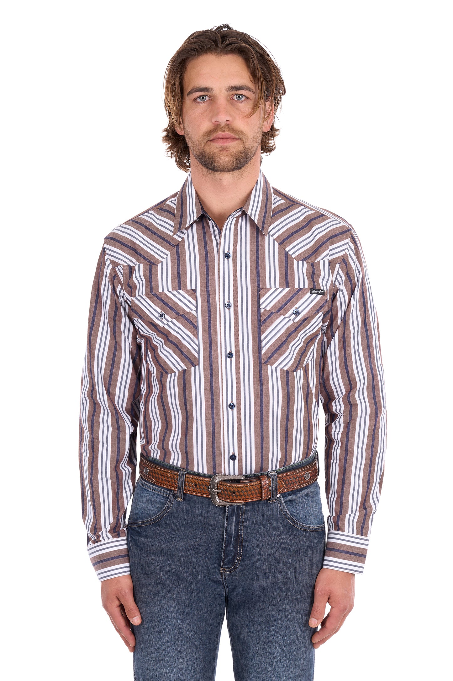 Wrangler Men’s Eli Stripe Logo Western Button Down Long Sleeve Shirt