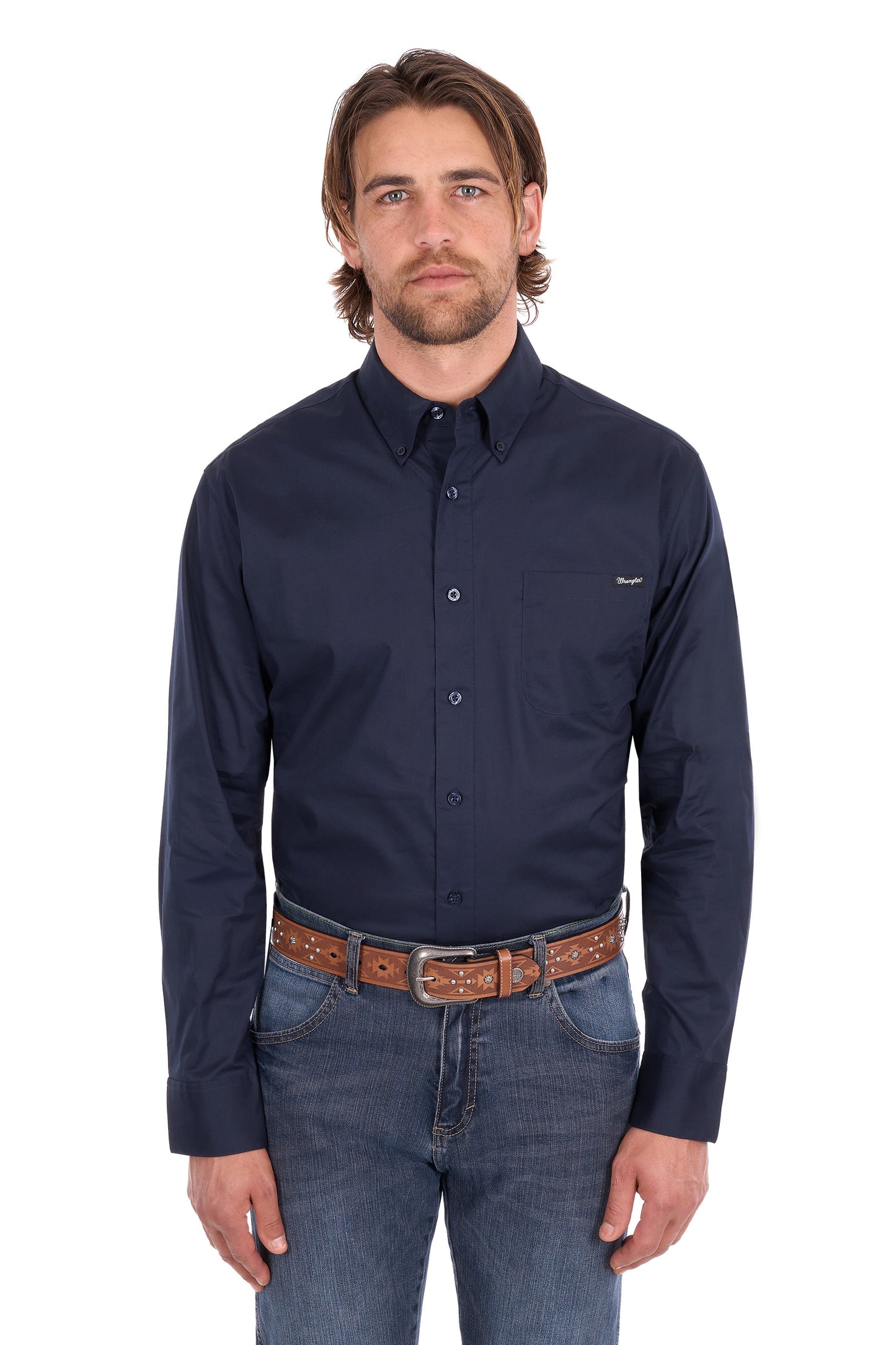 Wrangler Men’s Flex Tech 1-Pocket Button Down Long Sleeve Shirt - Navy