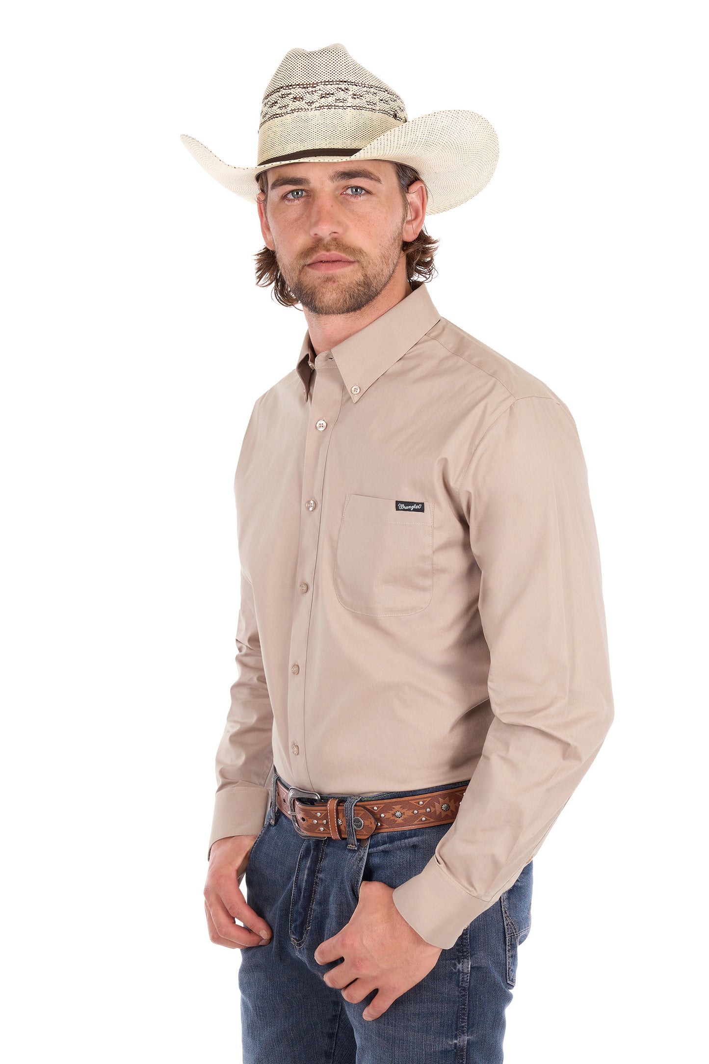 Wrangler Men’s Flex Tech 1-Pocket Button Down Long Sleeve Shirt - Sand