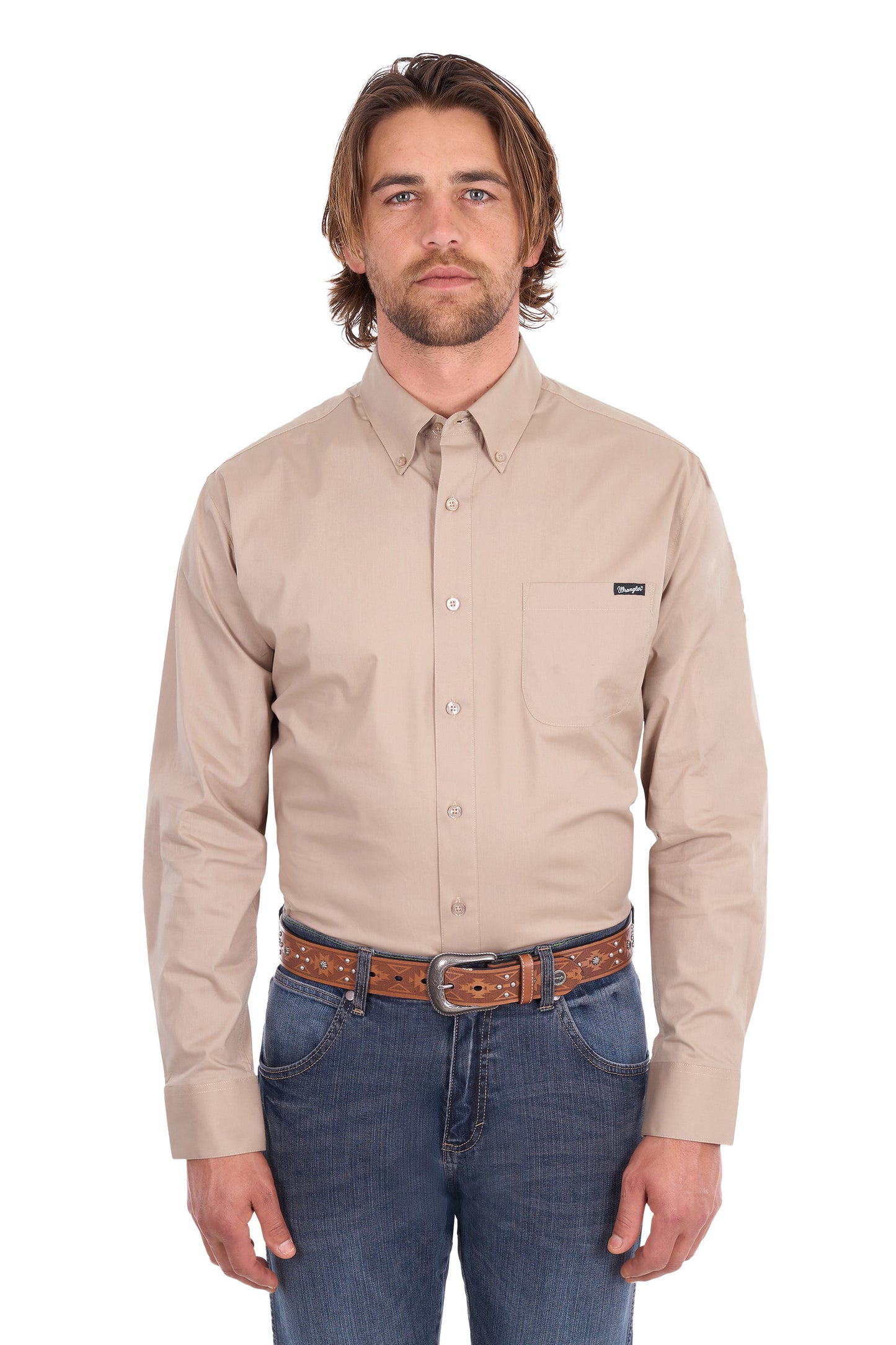 Wrangler Men’s Flex Tech 1-Pocket Button Down Long Sleeve Shirt - Sand