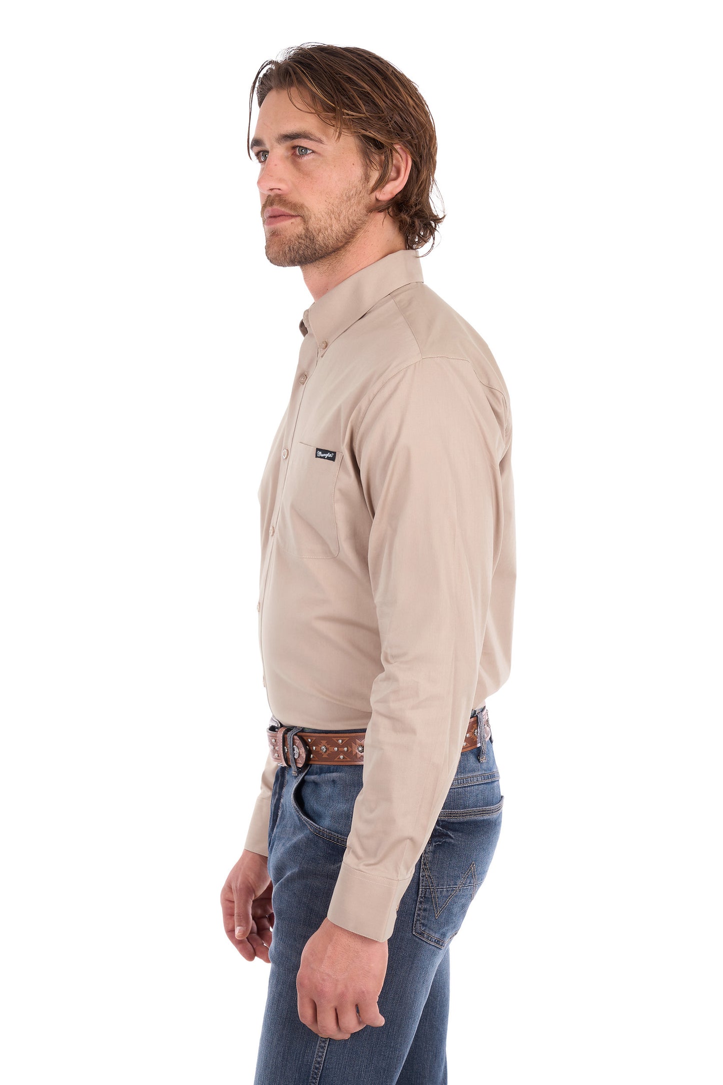 Wrangler Men’s Flex Tech 1-Pocket Button Down Long Sleeve Shirt - Sand