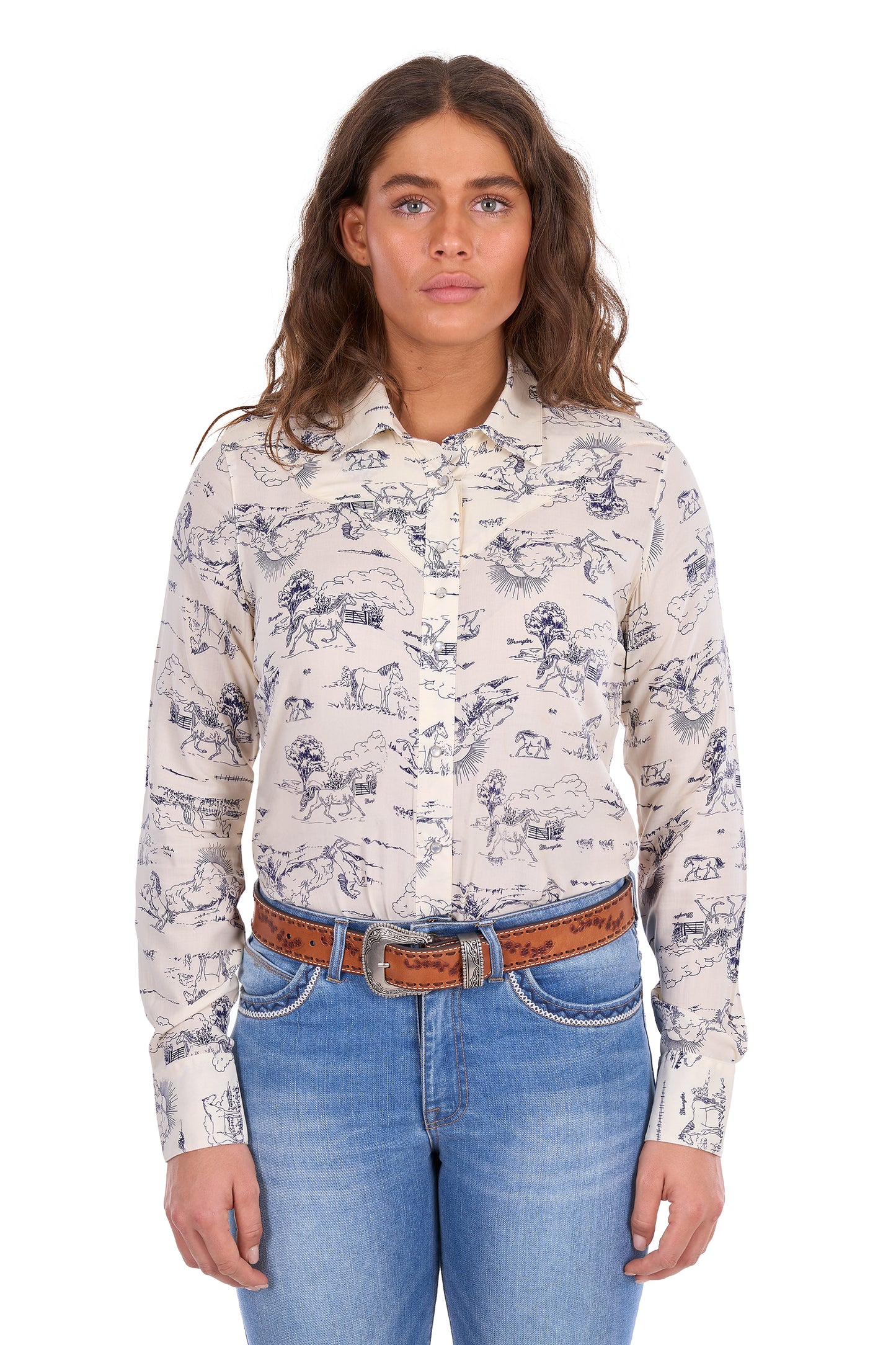 Wrangler Women’s Ivory Print Western Long Sleeve Shirt