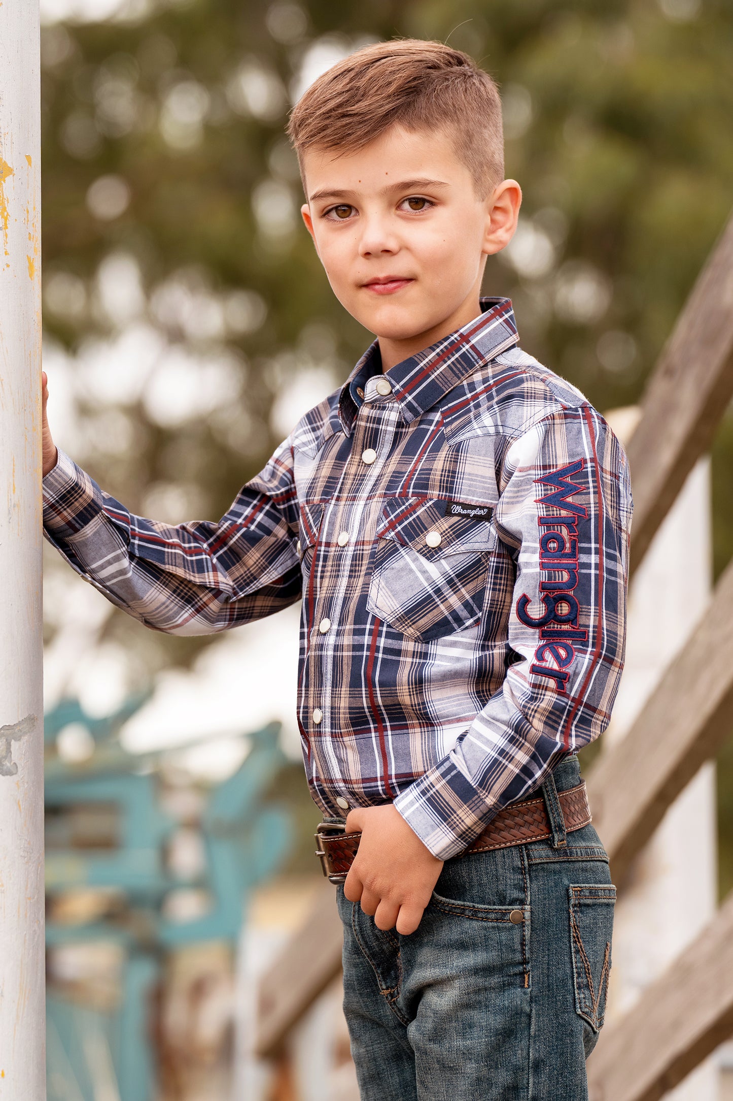 Wrangler Boy’s Shaun Check Logo Western Long Sleeve Shirt