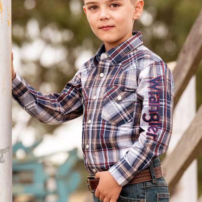 Wrangler Boy’s Shaun Check Logo Western Long Sleeve Shirt