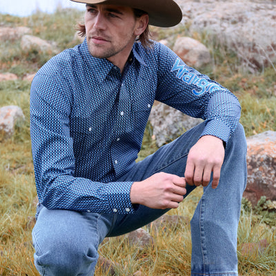 Wrangler Men’s Kyle Print Logo Western Long Sleeve Shirt