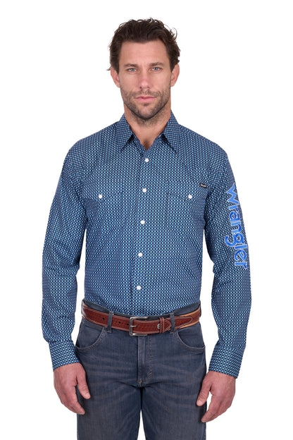 Wrangler Men’s Kyle Print Logo Western Long Sleeve Shirt