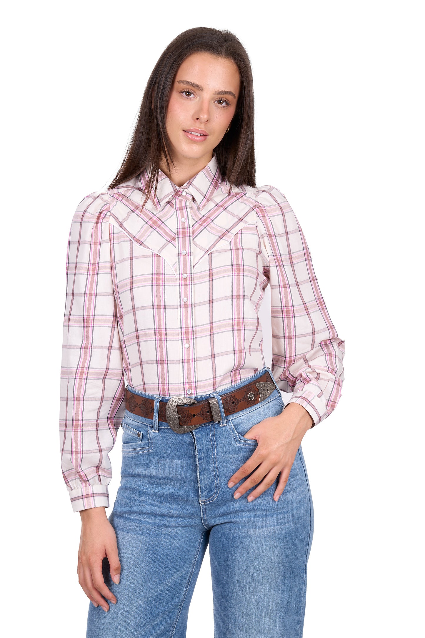 Wrangler Women’s Henley Check Western Long Sleeve Shirt