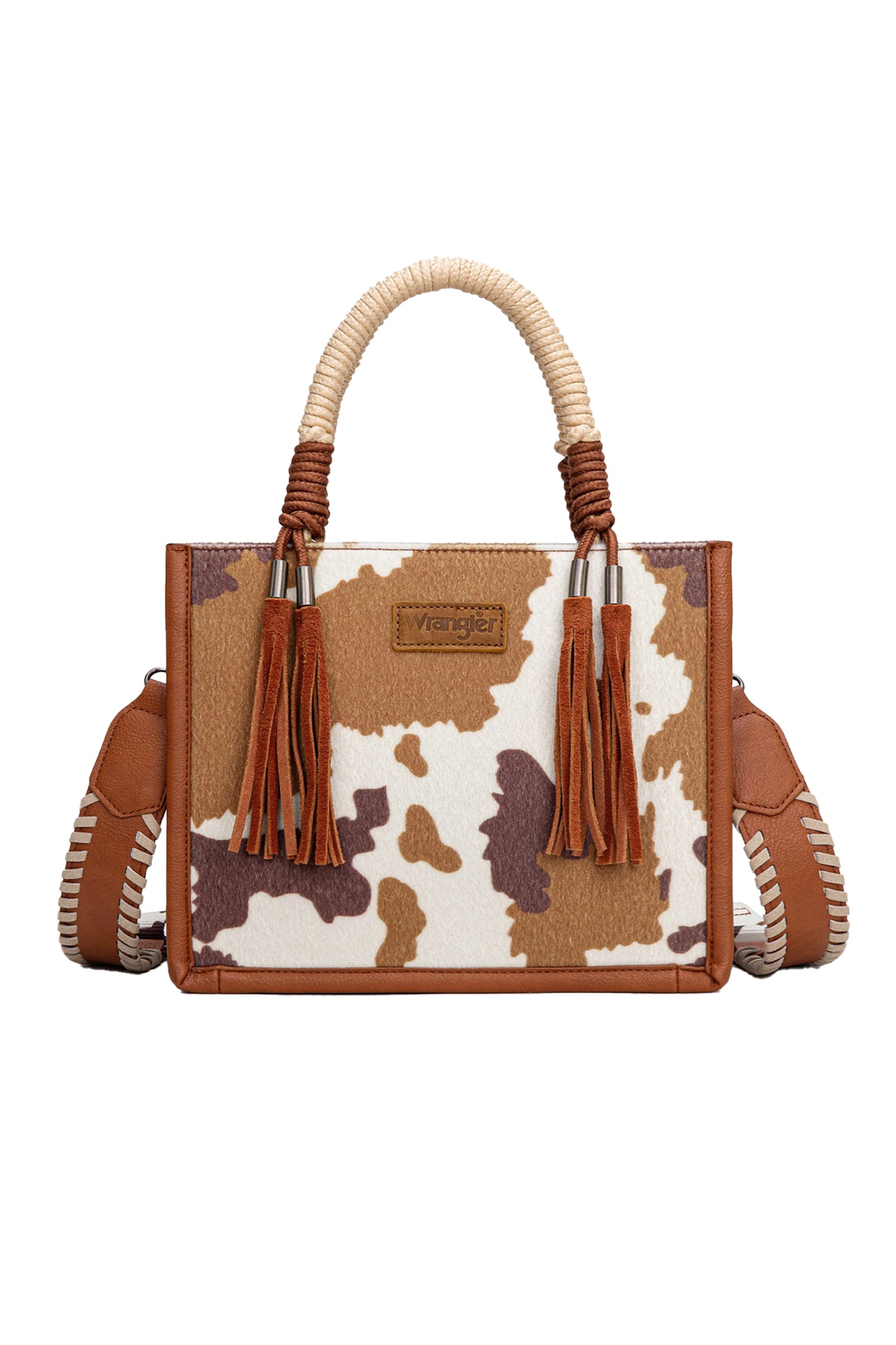 Wrangler Cow Print Tassel Crossbody Bag -Tan