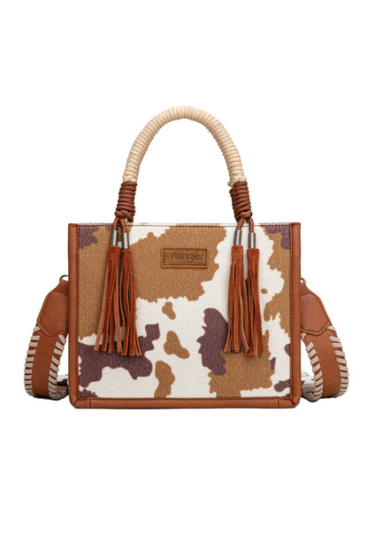 Wrangler Cow Print Tassel Crossbody Bag -Tan
