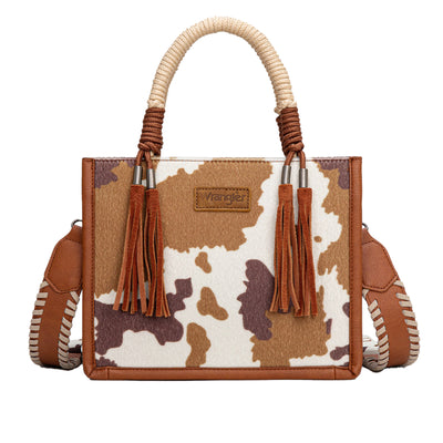 Wrangler Cow Print Tassel Crossbody Bag -Tan