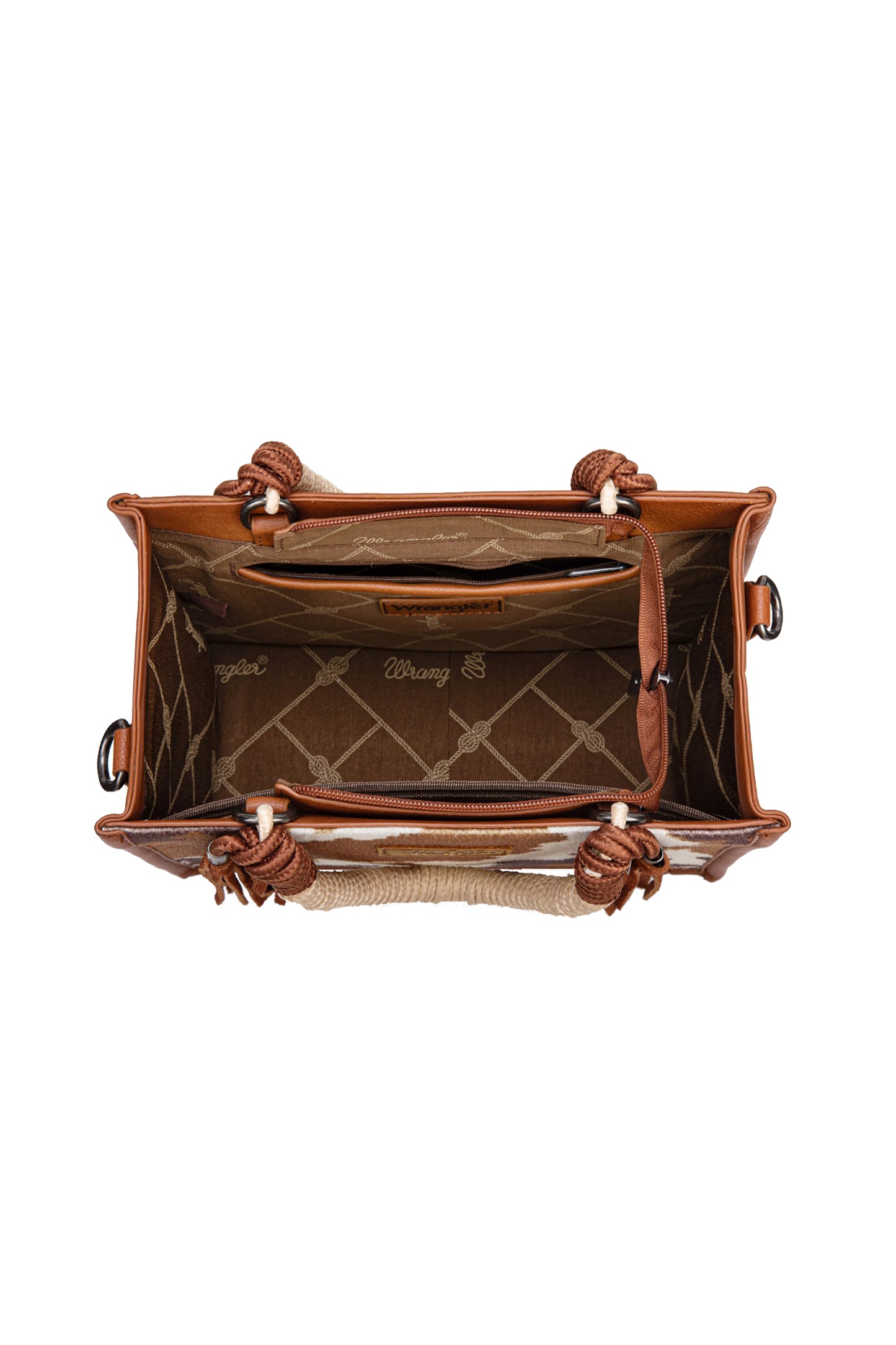Wrangler Cow Print Tassel Crossbody Bag -Tan