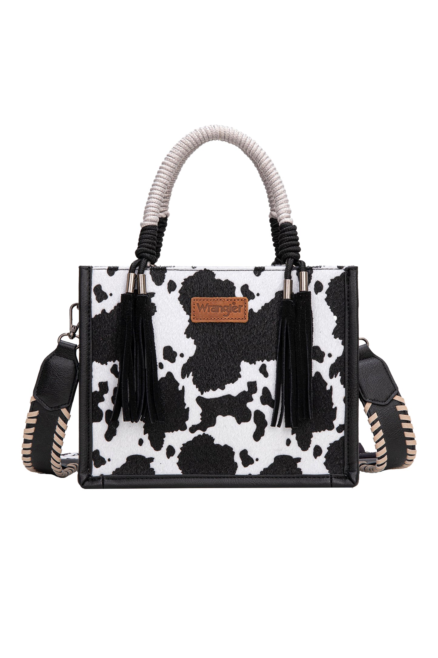 Wrangler Cow Print Tassel Crossbody Bag - Black