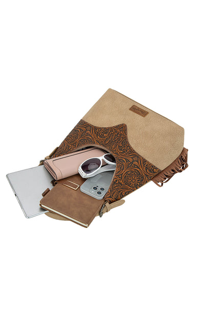 Wrangler Tooled Fringe Shoulder Bag - Camel/Tan