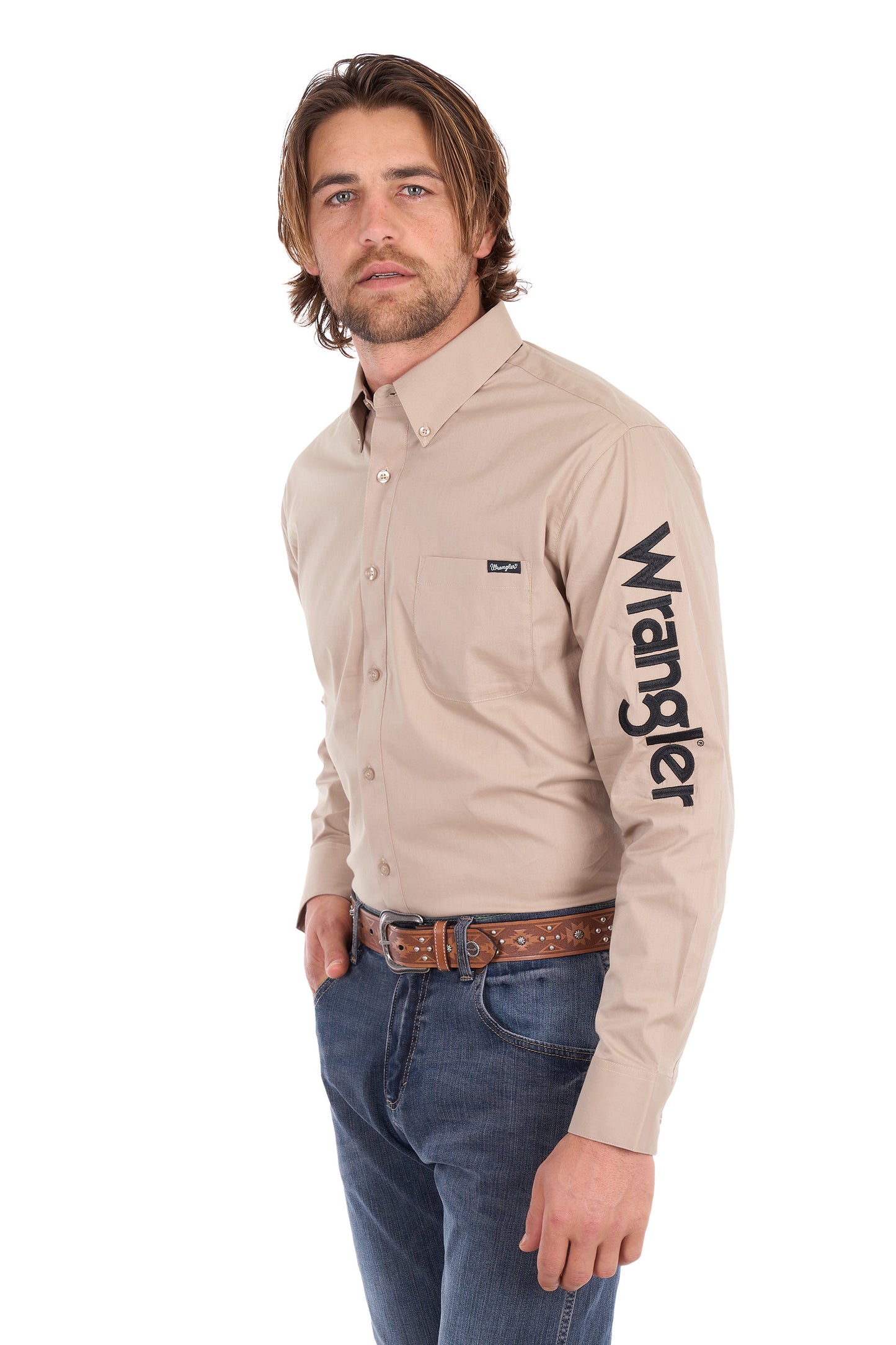 Wrangler Men’s Flex Tech Logo 1-Pocket Button Down Long Sleeve Shirt - Sand