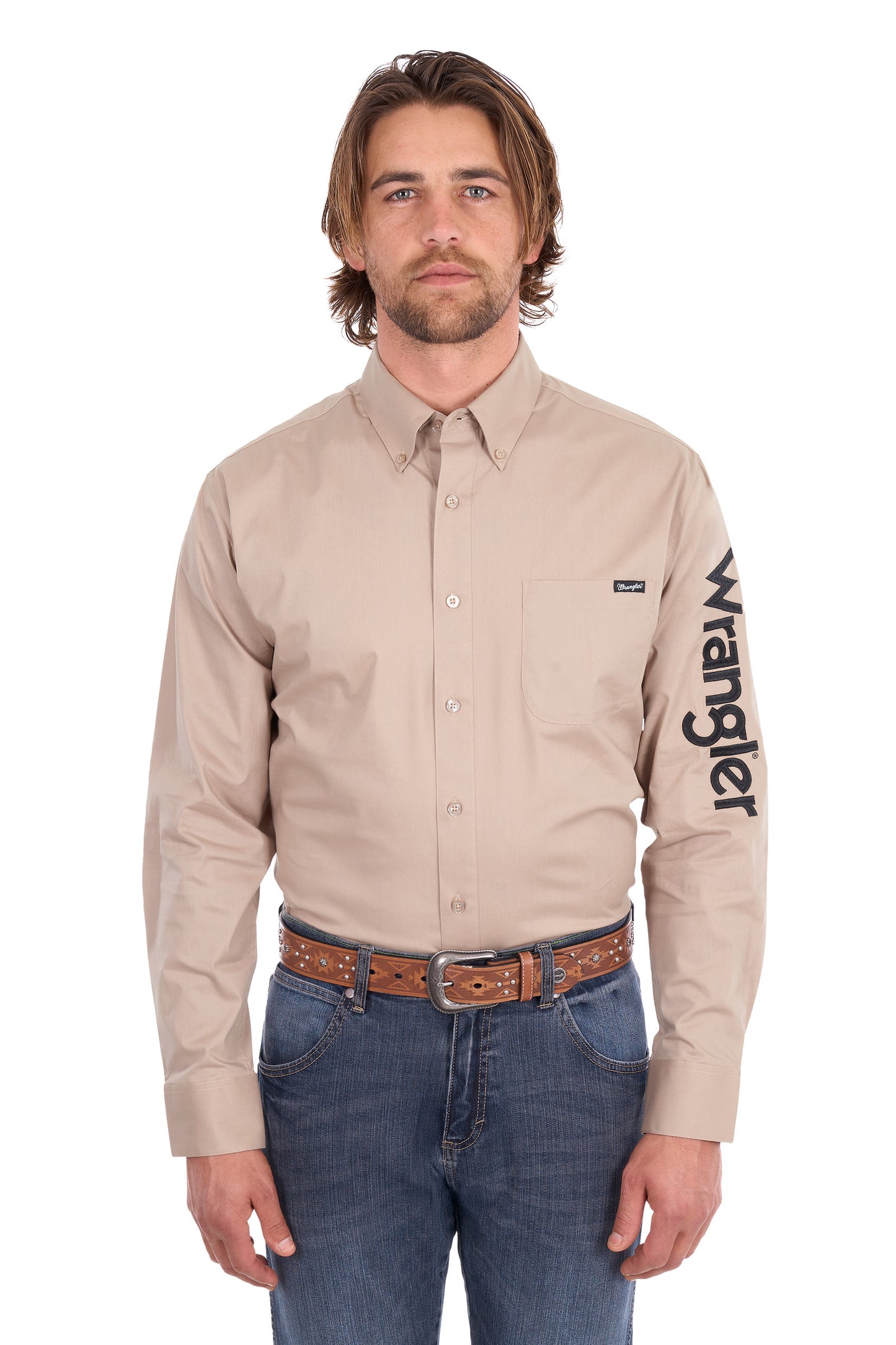 Wrangler Men’s Flex Tech Logo 1-Pocket Button Down Long Sleeve Shirt - Sand