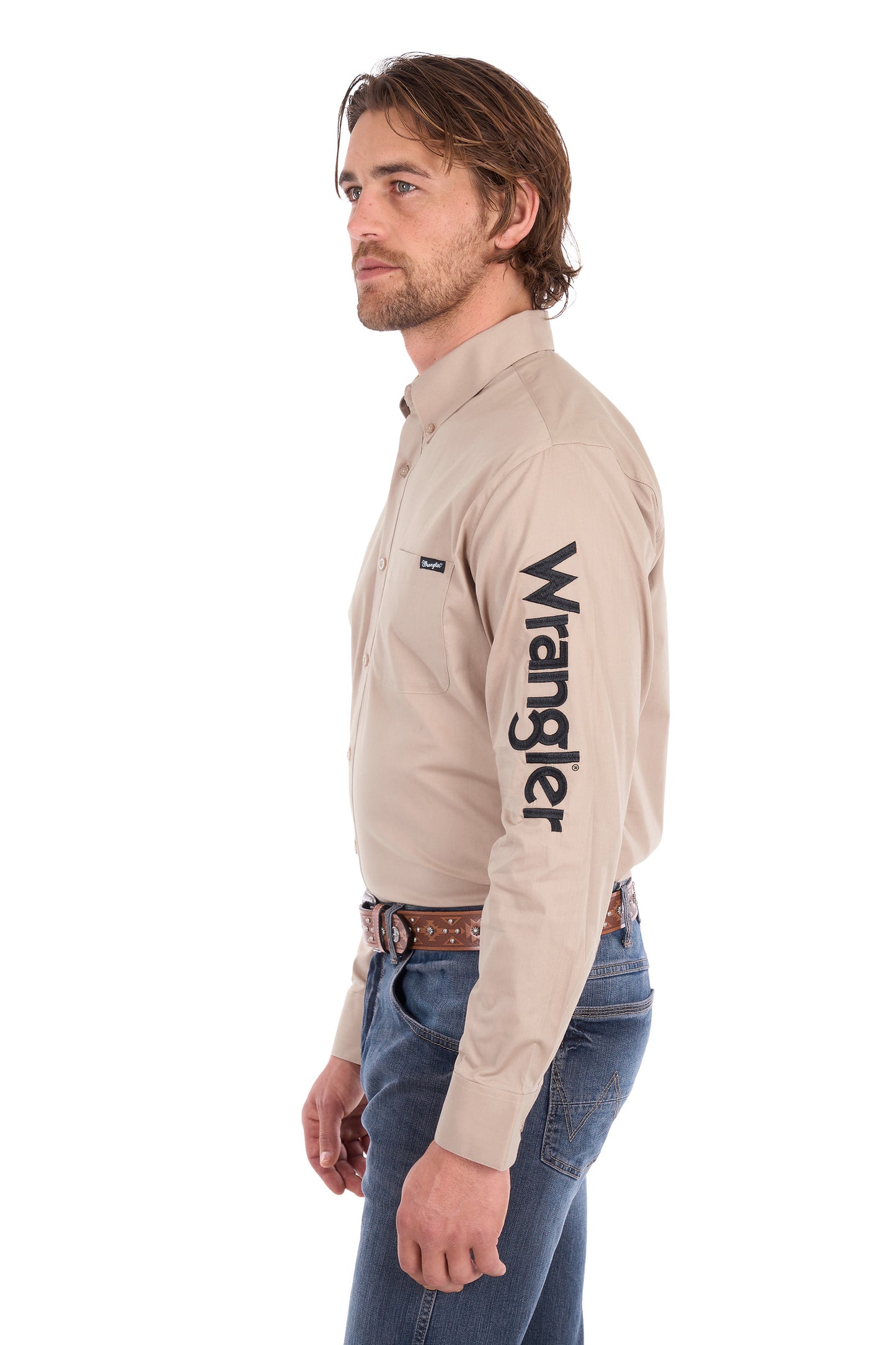 Wrangler Men’s Flex Tech Logo 1-Pocket Button Down Long Sleeve Shirt - Sand