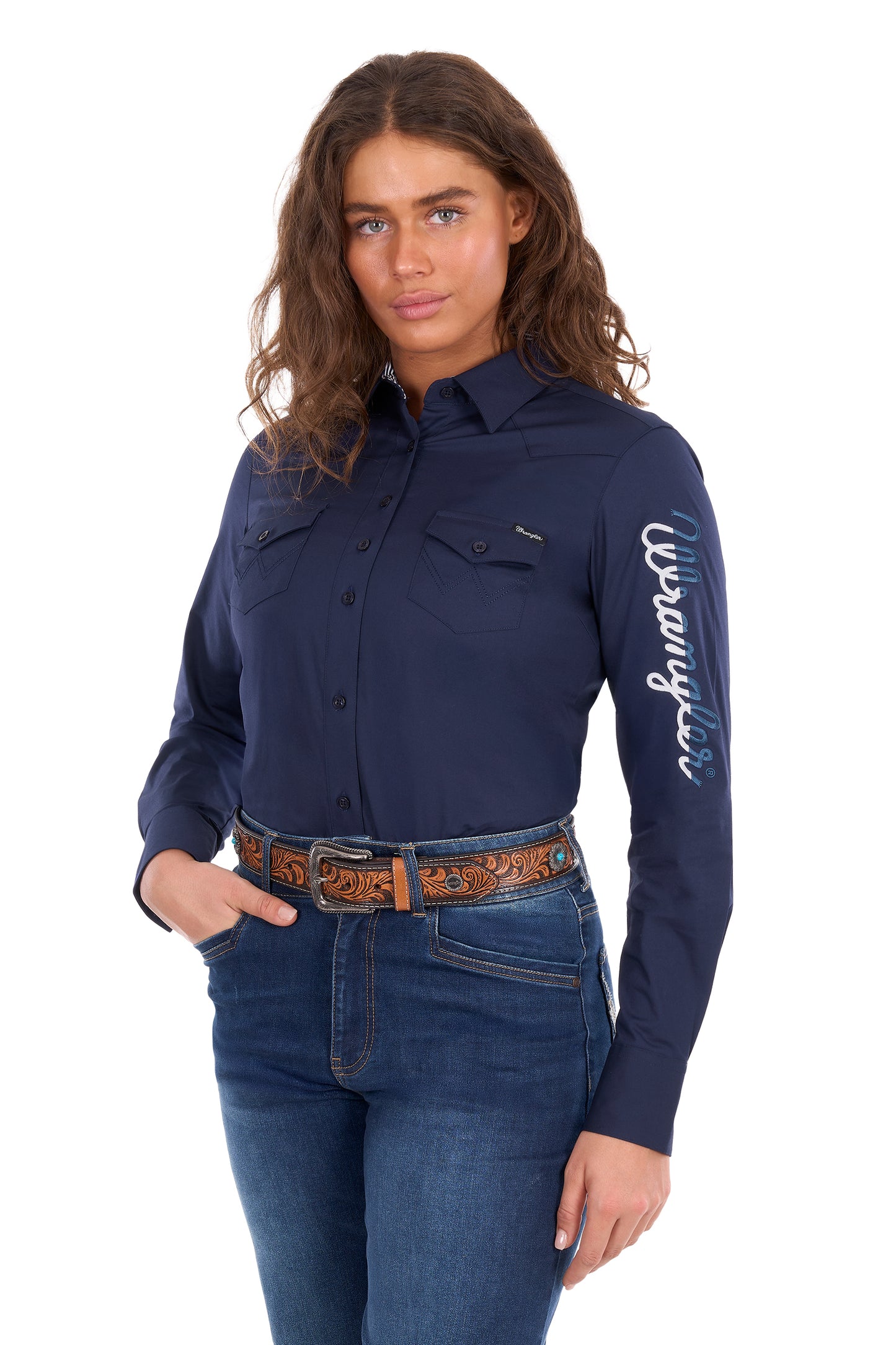 Wrangler Women’s Hazel Logo Western Long Sleeve Shirt - Navy