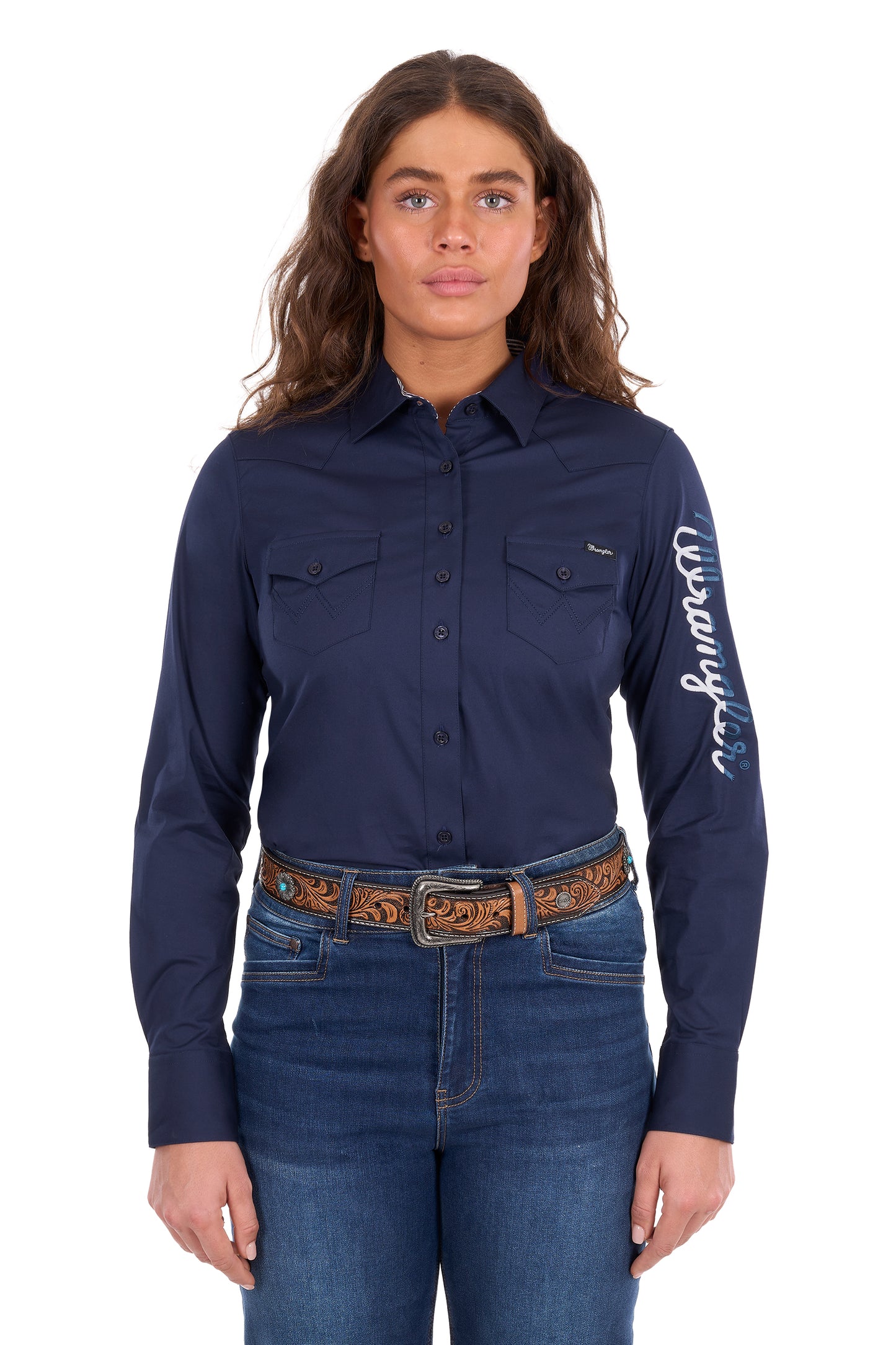 Wrangler Women’s Hazel Logo Western Long Sleeve Shirt - Navy