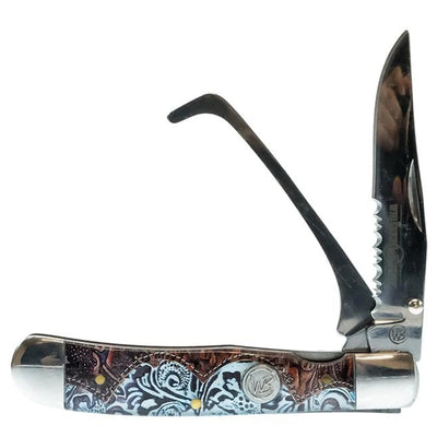 Whiskey Bent Trapper Pocket Knife Tooled Country Hoofpick With Clip