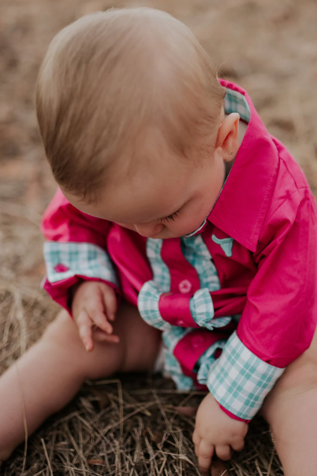 Little Windmill Clothing Co. "Carly" Hot Pink And Teal Checked Long Sleeve Romper
