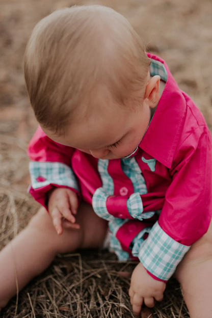 Little Windmill Clothing Co. "Carly" Hot Pink And Teal Checked Long Sleeve Romper