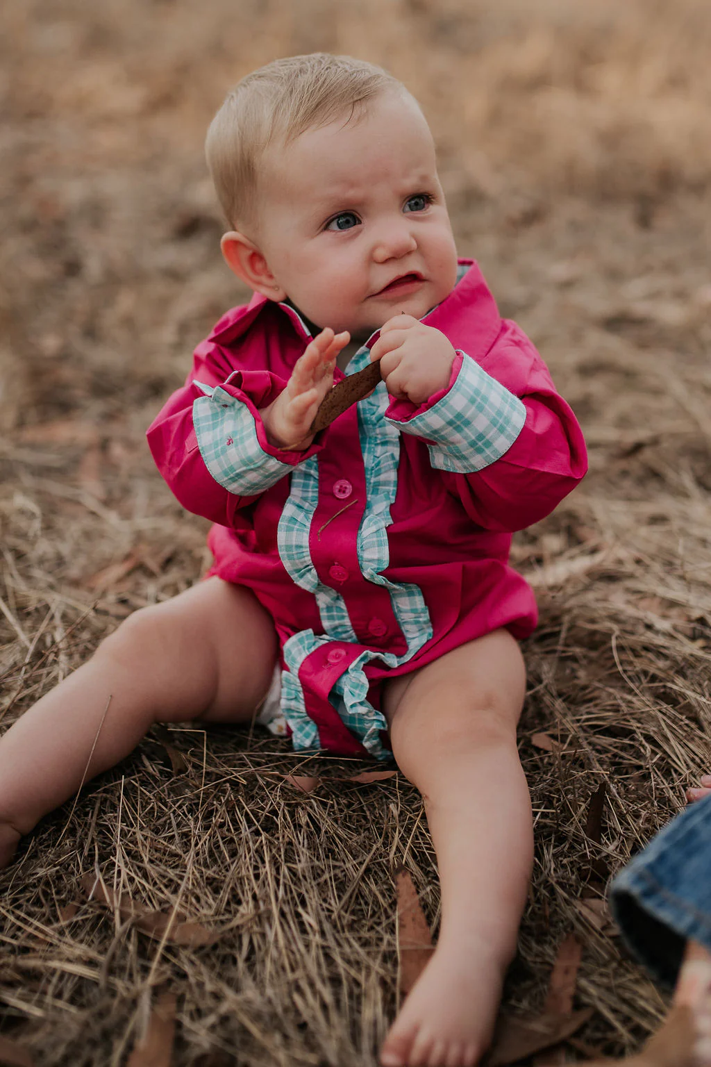 Little Windmill Clothing Co. "Carly" Hot Pink And Teal Checked Long Sleeve Romper