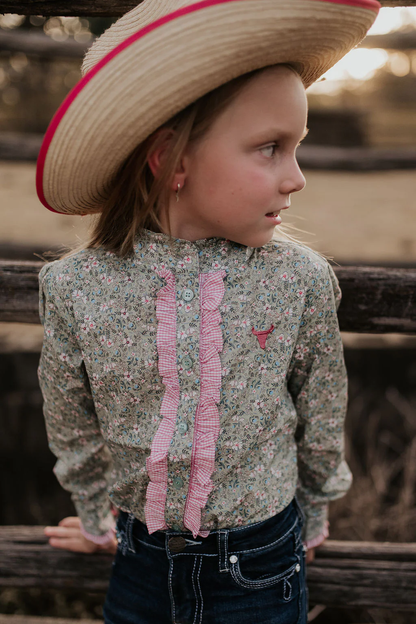 Little Windmill Clothing Co. Girls "Connie"  Fancy Floral Ruffle Collared Fronted Shirt