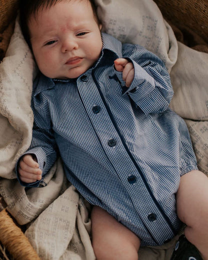 Little Windmill Clothing Co. "Darby Jnr" Navy Nostalgic Gingham Long Sleeve Romper